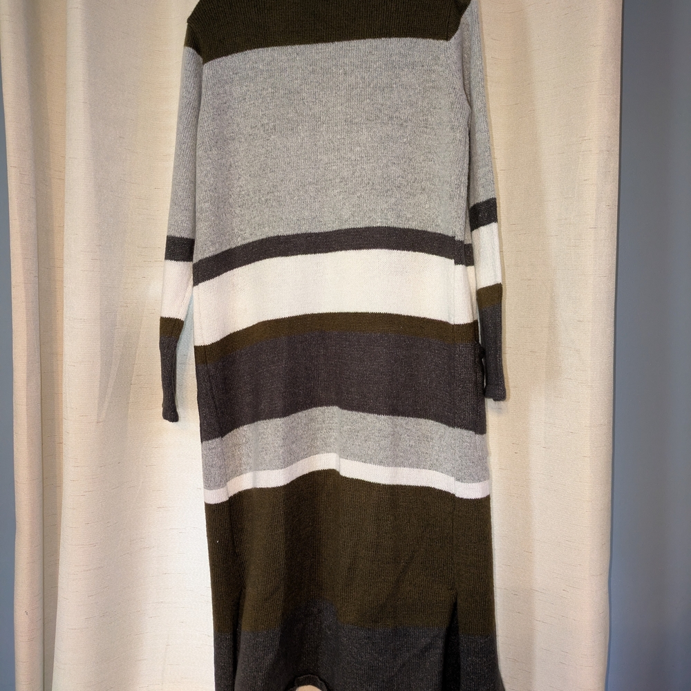 Striped Open Front Cardigan - Gray, White, Brown - Picture 2 of 4
